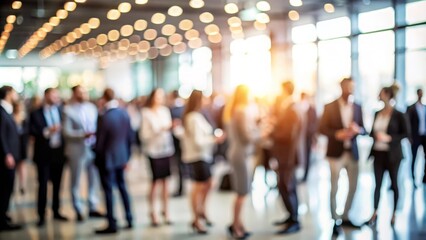 Blurred background of people mingling at a corporate networking event.
