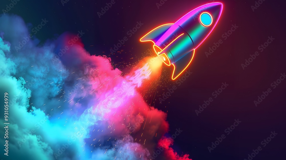 Wall mural 3d illustration rocket space colorful holographic in dark background for business start up and scien