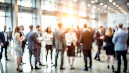 Blurred background of people mingling at a corporate networking event.
