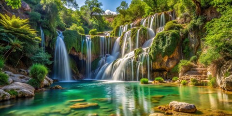 Crystal clear waterfalls cascading through lush greenery at Les Fonts d`Algar near Benidorm, Spain, nature