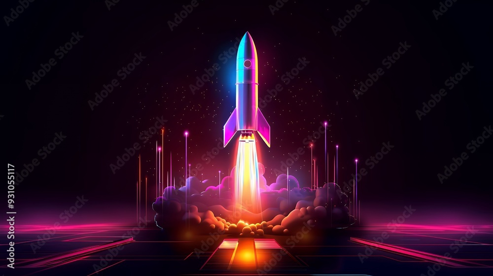 Wall mural 3d illustration rocket space colorful holographic in dark background for business start up and scien
