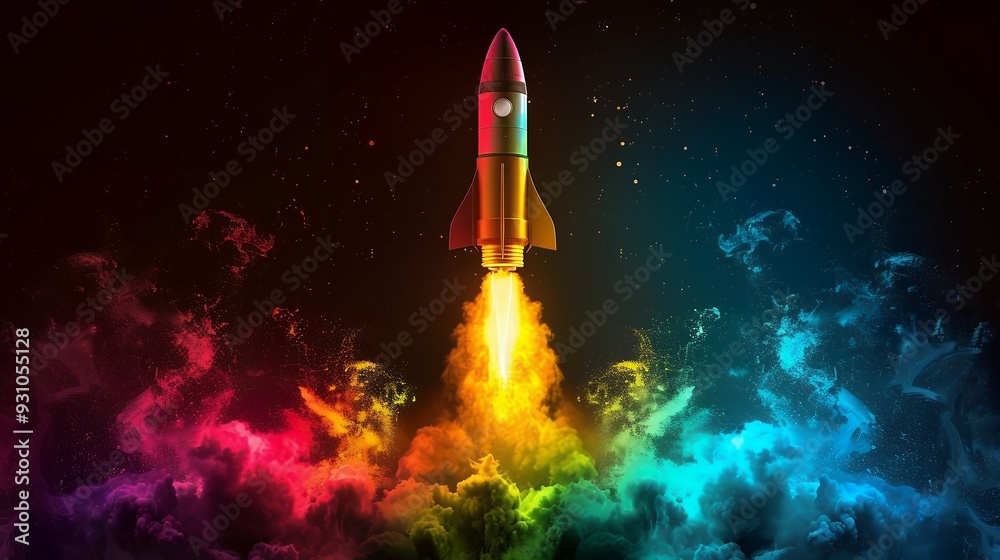 Wall mural 3d illustration rocket space colorful holographic in dark background for business start up and scien