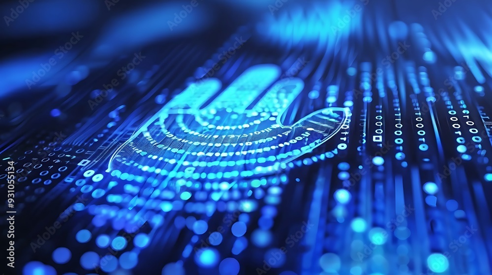 Poster close-up of a digital fingerprint on a blue circuit board. the fingerprint is surrounded by glowing 
