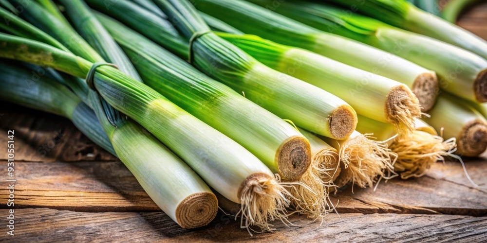 Sticker close-up of raw green organic leeks ready to chop, vegetables, leeks, organic, fresh, healthy, cooki