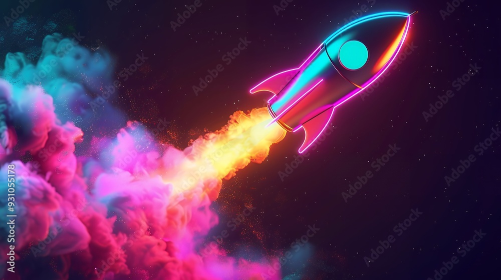 Wall mural 3d illustration rocket space colorful holographic in dark background for business start up and scien