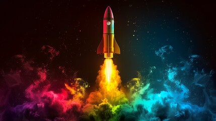 Fototapeta premium 3d illustration rocket space colorful holographic in dark background for Business start up and science concept