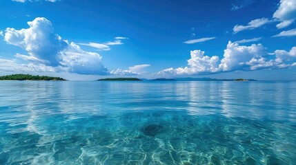A crystal sea with calm, glass-like water reflecting the sky, with distant islands barely visible on the horizon.