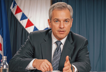Gray-haired older politician on the microphone stand