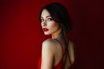 Naklejka premium Portrait of a beautiful woman with a white face, dressed in red with red lipstick, standing with her back turned slightly, looking over her shoulder with a seductive gaze, her dress hugging her