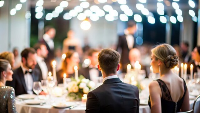 Softly blurred scene of an elegant evening gala with dim lighting.
