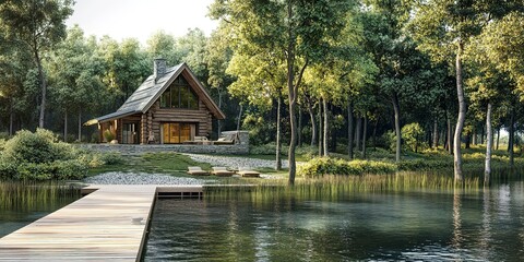 Obraz premium Lake house with a dock and natural tree landscaping, lakeside cabin on the lake concept
