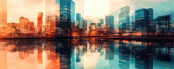 Fototapeta premium Stunning city skyline reflecting in water, showcasing modern architecture with vibrant colors and an artistic ambiance.