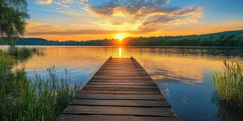 Obraz premium wooden pier overlooking the lake at sunset 