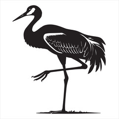 Sandhill crane Silhouette, Grus canadensis Bird Clipart,  Sandhill Crane perched one leg raised illustration in black and white