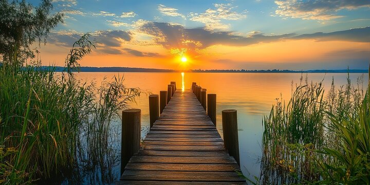 Fototapeta wooden pier overlooking the lake at sunset 