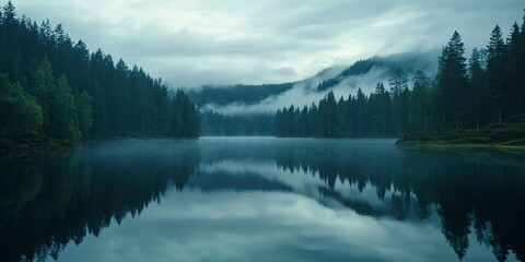 Beautiful lake or sea in misty morning. Forest and clouds are reflected in the calm water surface. Norwegian landscape with dark forest and lake among low clouds. Nature, ecology, eco tourism 