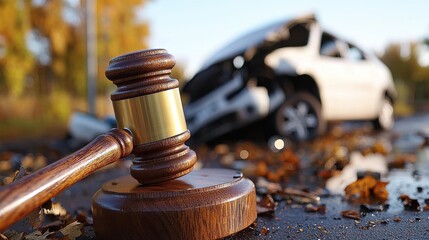 Close-up of a gavel with a blurred car accident scene in the background, a flipped white SUV. Legal and justice concepts related to auto accidents and insurance claims, legal proceedings and liability