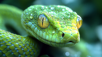 Obraz premium Illustration of a green snake. Chinese painting, Anime style, game style, Comic style.