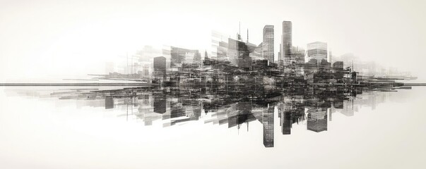 A monochromatic skyline reflection showcasing urban architecture and modern design elements, perfect for contemporary artwork.