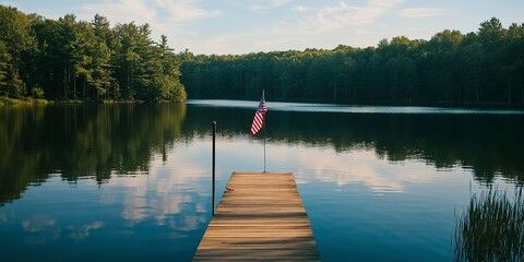 serene lake with an American flag flying at the end of a wooden dock 