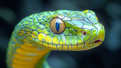 Fototapeta premium Illustration of a green snake. Chinese painting, Anime style, game style, Comic style.