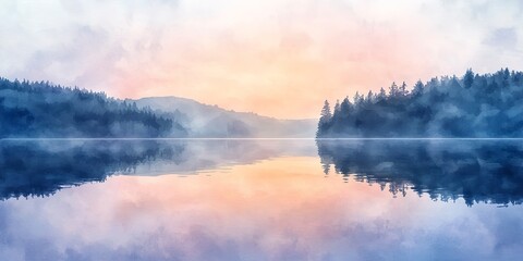 Obraz premium Serene Watercolor Lake at Dawn A peaceful watercolor depiction of a lake at dawn, with soft hues reflecting the morning sky Ideal for calming art prints 
