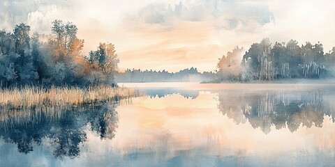 Fototapeta premium Serene Watercolor Lake at Dawn A peaceful watercolor depiction of a lake at dawn, with soft hues reflecting the morning sky Ideal for calming art prints 