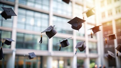 Blurred image capturing graduation caps being tossed in the air.
