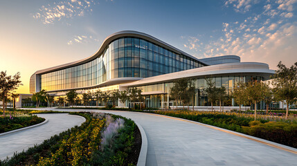 Fototapeta premium A modern hospital building with a sweeping, crescent-shaped design.