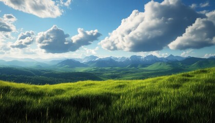 A breathtaking landscape featuring rolling green hills, majestic mountains, and fluffy clouds under a bright, blue sky.