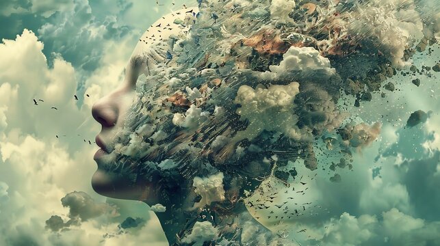 Abstract Portrait of a Woman Transformed into Clouds and Birds - Powered by Adobe