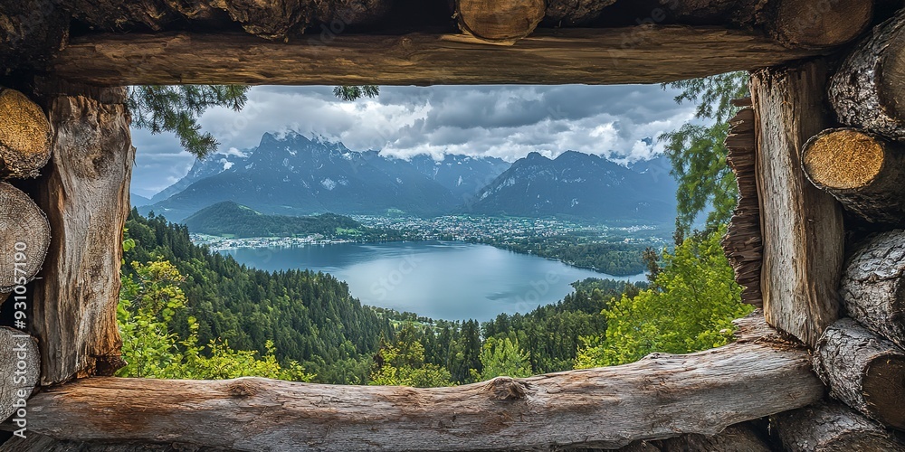 Sticker The photo shows a view of a lake and mountains from a window. The window is framed by wooden logs. The photo is taken from a high angle. 