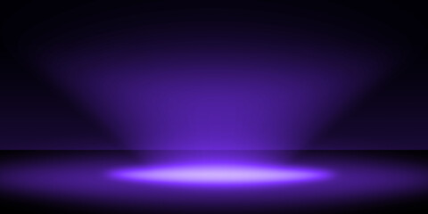 Stage floor and walls and light of spotlight. Purple and gradient dark style. dark studio room background