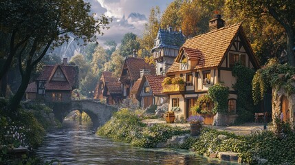 Obraz premium A Peaceful Village by a Tranquil Stream