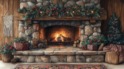 Fototapeta premium Boho Christmas fireplace decorated with pine garla 778 fireplace, fire, wood, home, interior, flame, christmas, stove, heat, burning, house, log, brick, firewood, room, warm, hearth, stone, burn, heat