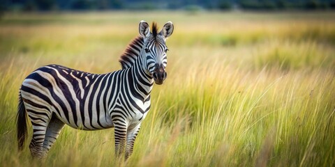 Striped black and white zebra with distinctive mane standing in grassland, zebra, animal, wildlife, stripes, black and white