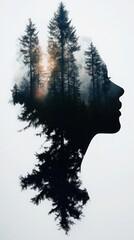 A striking double exposure of a silhouette with trees, blending nature and human form, symbolizing connection and tranquility.