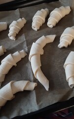 Crescent rolls on baking paper before going into oven.