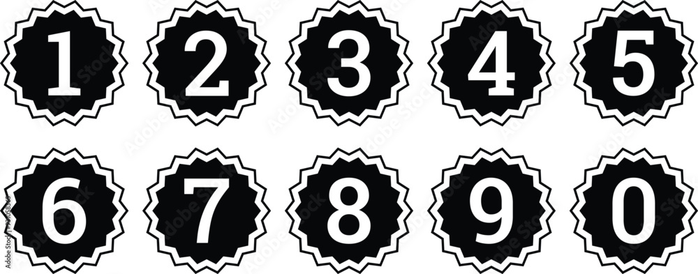 Aufkleber white numbers symbol with black wave circle. from 0 to 9. number button vector illustration.