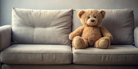 Teddy bear sitting on a cozy couch, teddy bear, plush toy, sitting, cozy, couch, comfortable, home, relaxation, soft