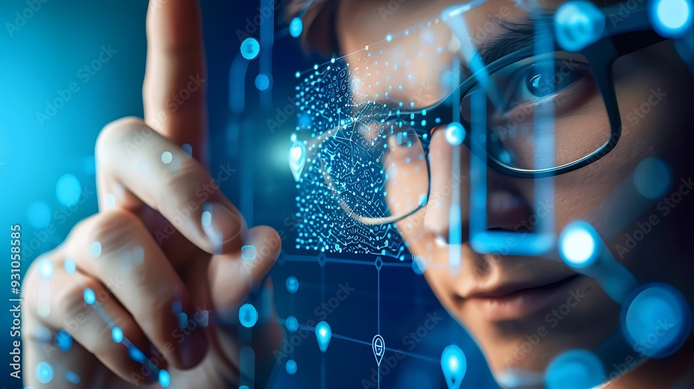 Poster man wearing glasses interacts with a virtual reality interface, using his hand to manipulate data an