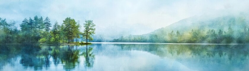 Obraz premium Serene landscape featuring a tranquil lake surrounded by misty trees and mountains, perfect for nature lovers and peaceful retreats.