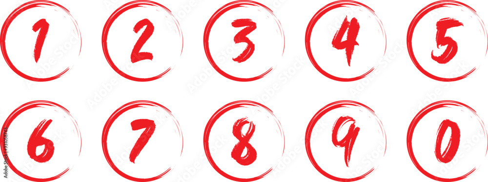 Poster red brush numbers icon with brush circle. from 0 to 9. number symbol vector illustration.