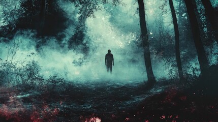 Fototapeta premium A mysterious figure stands silently in a foggy forest, creating an eerie atmosphere filled with intrigue and suspense.