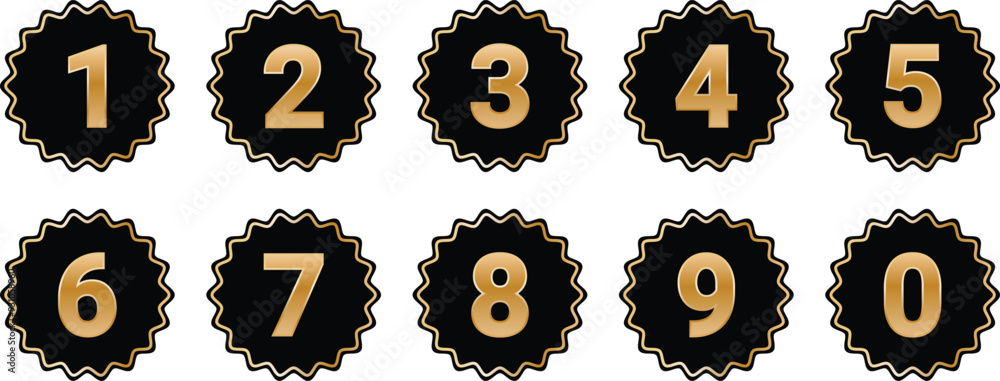 Poster golden numbers symbol with black gold wave circle. from 0 to 9. number button vector illustration.