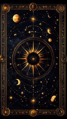 Intricate cosmic design featuring planets, stars, and celestial elements in a dark heavenly background.