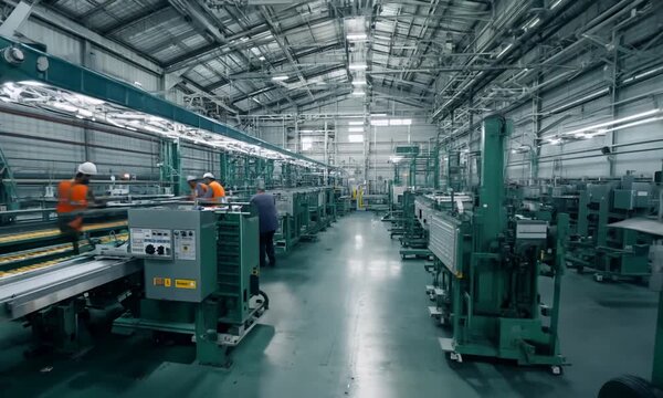A bustling factory floor with workers operating machinery.