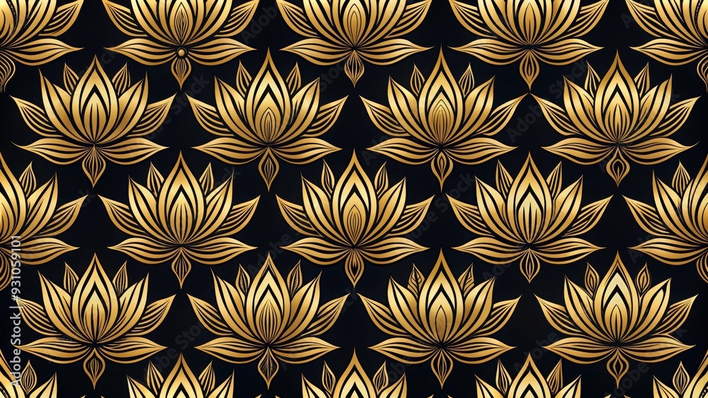 Sticker Asian style lotus flower seamless pattern in gold on black background, lotus, flower, seamless, pattern, Asian, style, gold