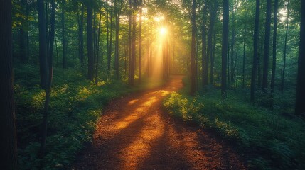 Fototapeta premium Sunbeams Illuminating Forest Path