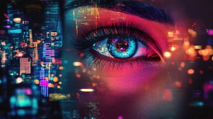 A close-up of a vibrant blue eye surrounded by colorful lights, symbolizing vision and creativity in a modern urban setting.